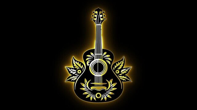 Glowing guitar. Acoustic instrument. Floral music art. Decorative guitar. Gold halo effect. String instrument. Folk music vibe. Artistic guitar. Musical ornament. Black gold audio.