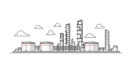 Naklejka premium Industrial Oil Refinery and Petrochemical Plant Line Art Vector Illustration with Storage Tanks and Distillation Towers Under Clouds