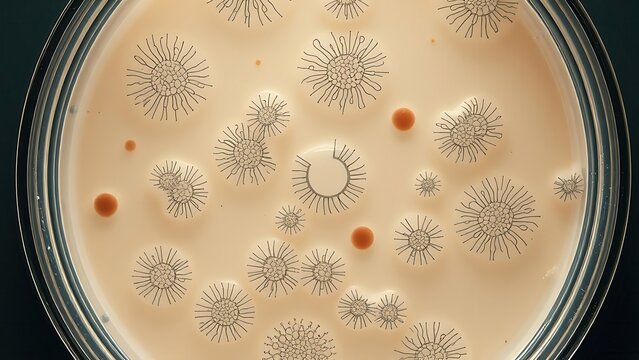 Top-down view of organic amoeba-like patterns in a soft-focus petri dish. 