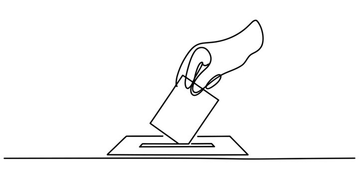 Continuous line drawing of a human hand casting a ballot into a voting box for civic participation Vector, illustration