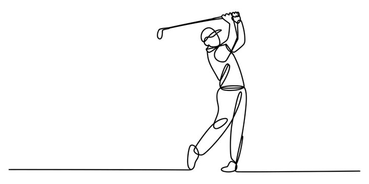 A single continuous line drawing of a professional golfer swinging a club during a golf match Vector, illustration