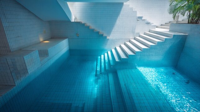 A serene indoor pool with blue water and white stairs leading to a modern spa area