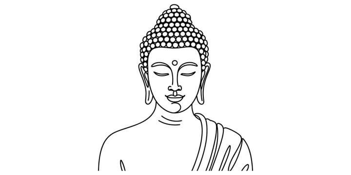 A simple black and white line art illustration of the head and shoulders of buddha in meditation Vector, illustration