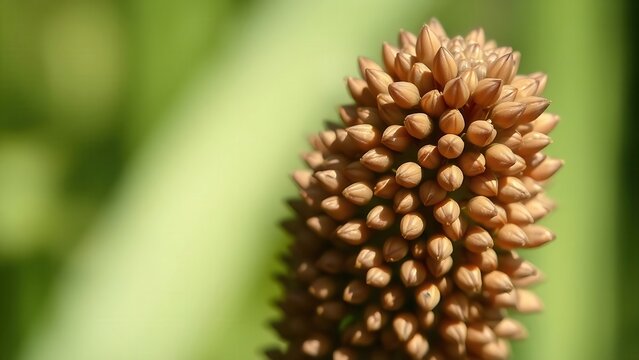 Extreme close-up of a plantago plant's spike covered in tiny brown seeds. 