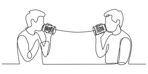 A minimal continuous line drawing illustration of two people talking with a tin can telephone set Vector, illustration © Creative_Oneline