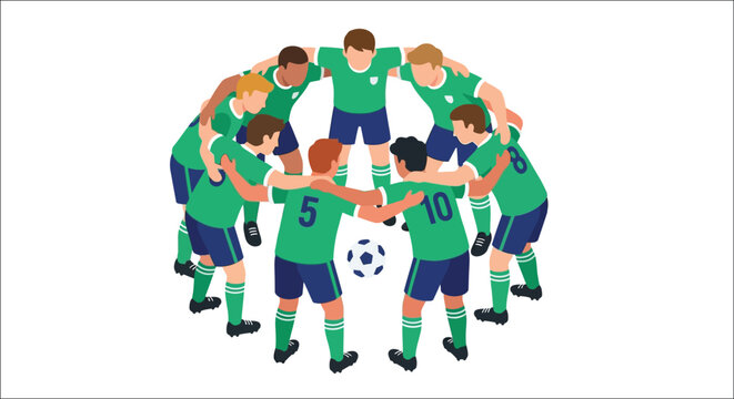 A group of soccer players huddle together in a team circle