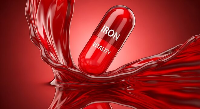 A vibrant red capsule labeled "IRON VITALITY" dynamically emerging from a splash of rich, flowing red liquid.