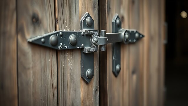  Large iron hasp on a dusty barn door, symbolizing security in soft natural light. 