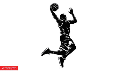 Silhouette of a basketball player jumping to dunk a ball in a dynamic pose © beni