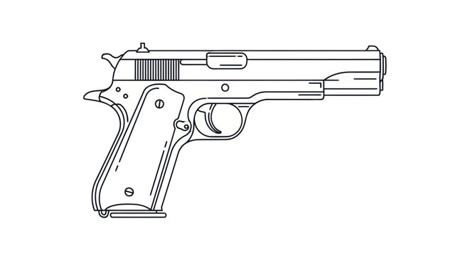 Line Art Illustration of a Classic Semi-Automatic Pistol on White Background