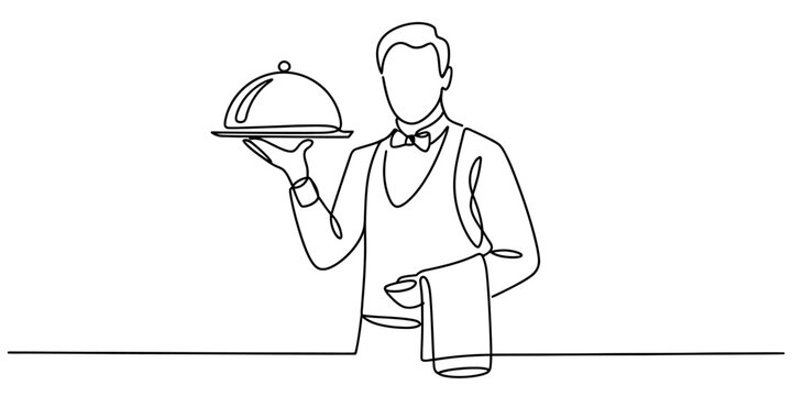 A single line drawing of a professional waiter holding a serving tray with a food dome cover Vector, illustration
