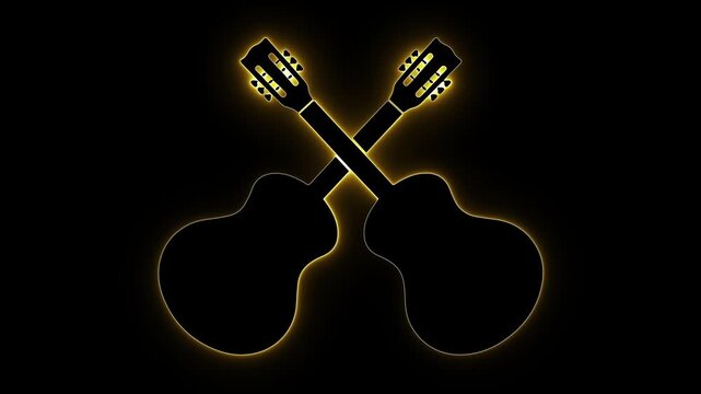 Crossed guitars. Acoustic silhouette. Golden neon music. Guitar duo icon. Musical emblem. String instrument. Glow effect art. Music school logo. Rock festival art. Black gold theme.