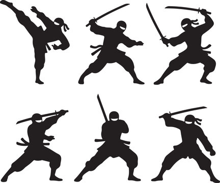 Six silhouettes of martial artists demonstrating various sword and combat stances