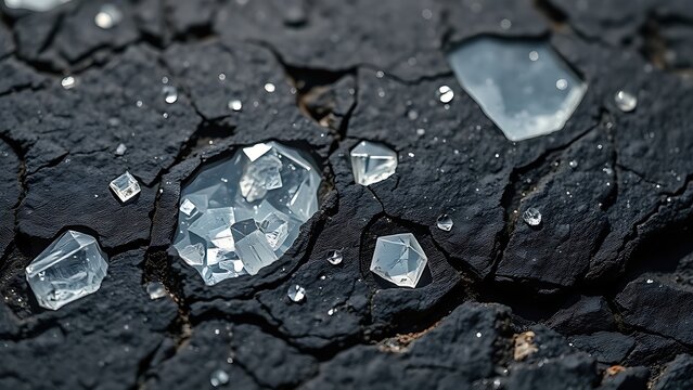 Close-up of dark pegmatite rock with embedded sparkling minerals. 