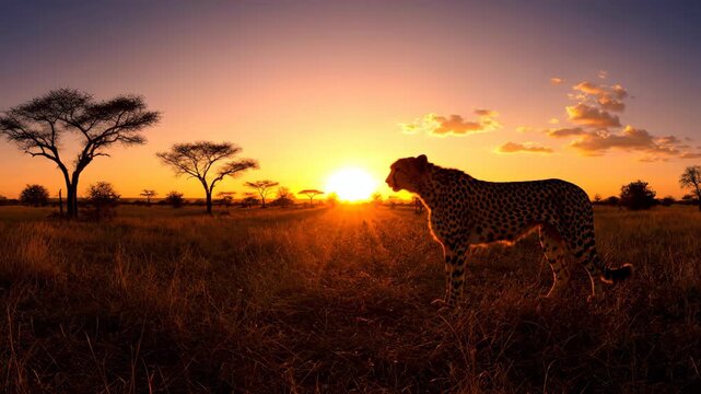Cheetah in savanna walking at sunset in Africa landscape. Wildlife animal, nature scene.