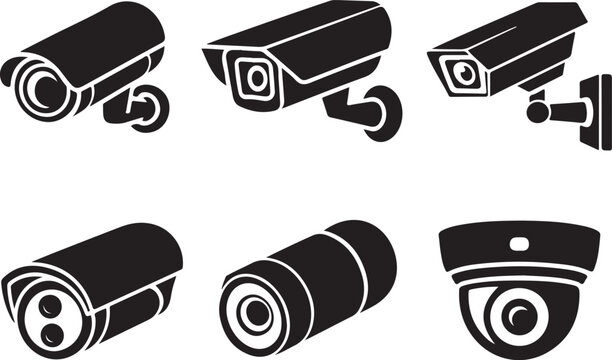 Collection of various security camera icons in black and white silhouette style