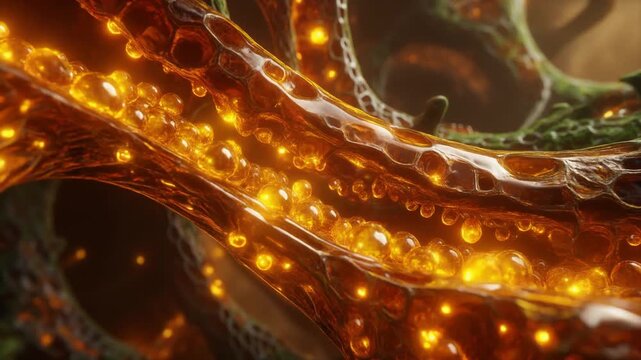 Phloem Sugar Flow. Plant Cells & Micro-Nature (Scientific Visualization). Scientific Storytelling. the sieve tubes of phloem transporting glowing golden droplets of glucose throughout the plant
