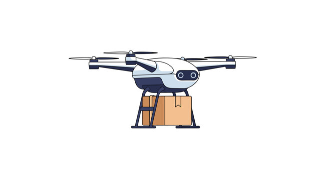 Modern delivery drone concept featuring a white hexacopter carrying a brown cardboard package for rapid automated shipping services.