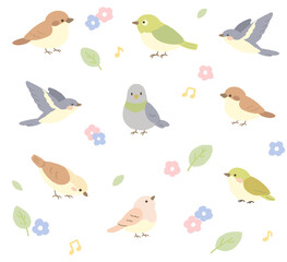 Fototapeta premium 花びらが舞う小鳥のイラストセット
