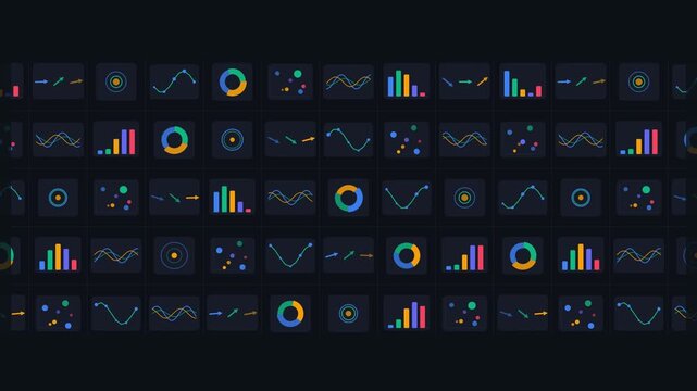 Seamless loop of finance and business icon patterns featuring charts graphs and statistical indicators on a dark corporate background.