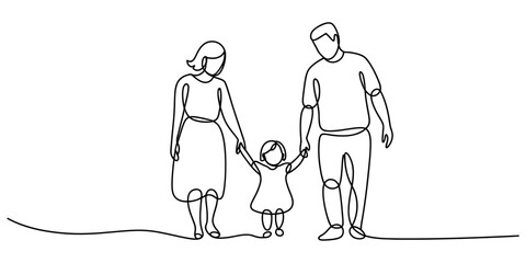 Obraz premium A minimalist single continuous line drawing of a happy young family walking together hand in hand Vector, illustration