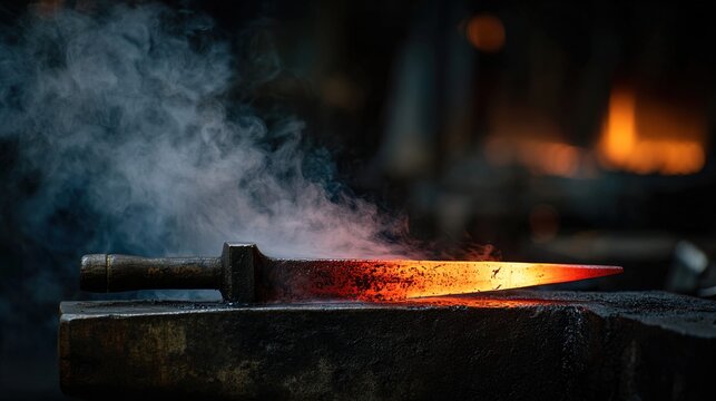 blacksmith. A blacksmith quenching a glowing sword blade in water. safety posters, maintenance manuals, designed for precision metalworking and fabrication facilities, improves efficiency.