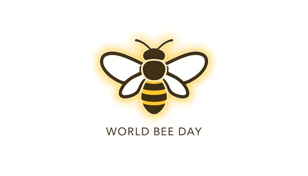 A graphic illustration of a bee celebrating World Bee Day with a yellow glow