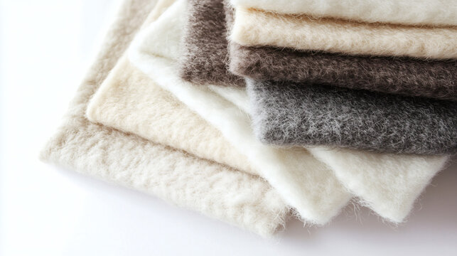 Stack of assorted wool fabric swatches.