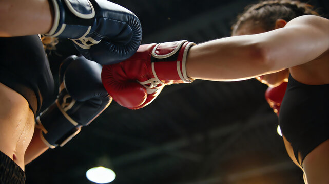 Two female boxers fighting in the ring, close-up of boxing gloves impact.