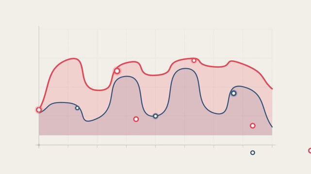 Animated flat design line graph showing upward growth and data fluctuations with multiple lines and area fill on a grid background.