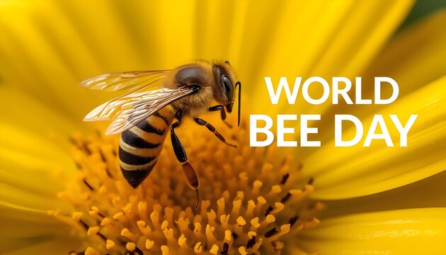 A bee collecting pollen from a vibrant yellow flower on World Bee Day