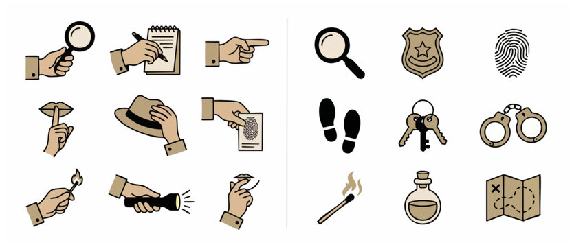 Detective Investigation Icons: Magnifying Glass, Fingerprint, Handcuffs - Crime Scene, Secret Clues. Mystery Solving Tools and Symbols, Isolated on White Background, Vector Illustration