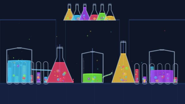 Chemistry laboratory animation with colorful bubbling liquids in flasks test tubes and scientific equipment for science and research concepts.