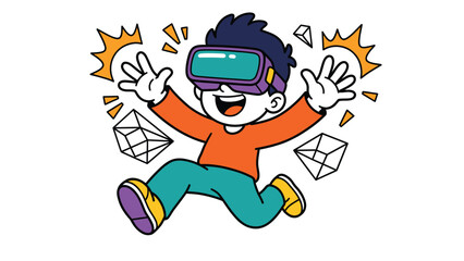 Naklejka premium Joyful Child in Virtual Reality Headset, Immersed in Digital World with Geometric Shapes, Playful Illustration
