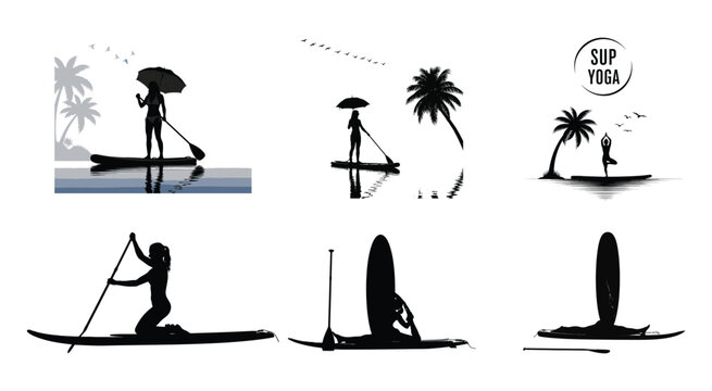 Silhouette Collection of Stand Up Paddle Yoga and Fitness Vector