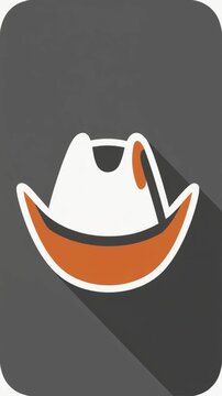 Flat design cowboy hat icon illustration in white and orange colors with a long shadow effect on a dark gray background, stylized cartoon western headwear graphic.