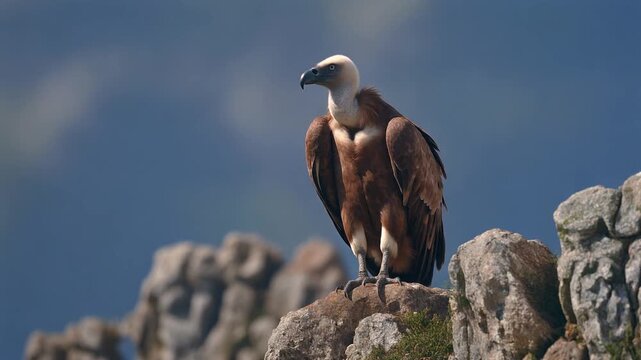 Detailed close-up of a Cape vulture (Gyps coprotheres) perched on a rocky outcrop under a clear blue sky. This large scavenger bird displays its brown plumage and sharp hooked beak.