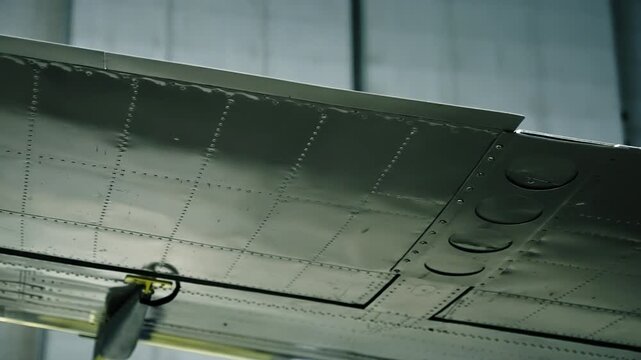 Close-up of an aircraft wing underside with riveted aluminum panels, control surface hinges, access ports, and structural details, captured in a hangar under industrial lighting