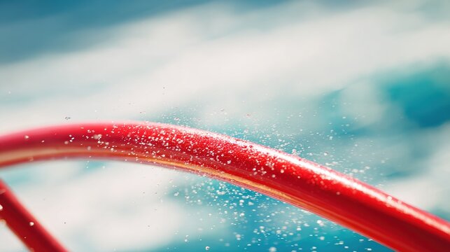 waterski. Close-up of a red waterski underside with water droplets on a blurred blue background. mobility guides, transit brochures, designed for transport & logistics marketing.