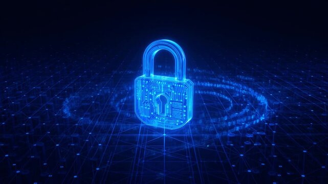 Glowing blue digital padlock with flowing binary code streams on futuristic grid network. Advanced cybersecurity, data encryption, privacy protection and technology security concept. 3