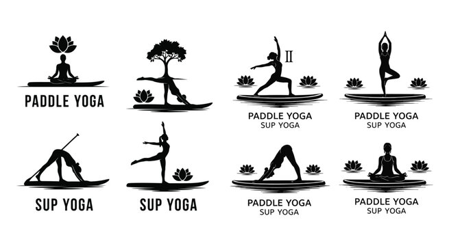 Set of Stand Up Paddle Yoga Silhouette Icons for Wellness and Fitness