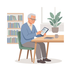 Fototapeta premium Elderly man with glasses using a tablet at a table.