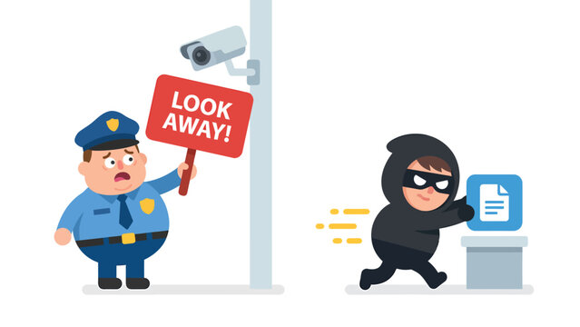 Cartoon police officer distracting surveillance camera while thief steals data. Cybersecurity breach and information theft concept.