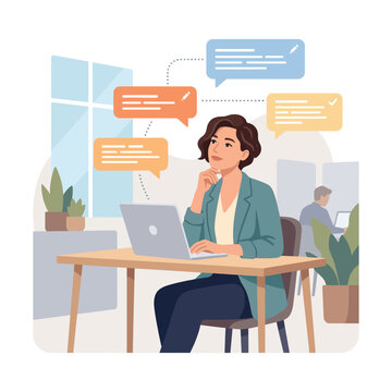 Thoughtful woman working on laptop with speech bubbles.