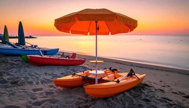 Bright pedal boats stand on a sandy beach, illuminated by the vibrant colors of a sunrise/sunset
