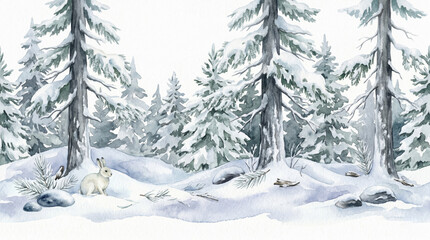Obraz premium Digital watercolor illustration of winter forest border with snow covered pine trees and arctic hare