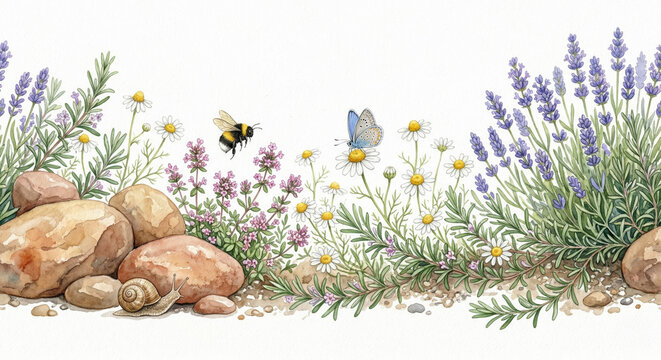 PNG cut out isolated background. Digital watercolor illustration of Mediterranean herb garden with lavender chamomile bumblebee and snail