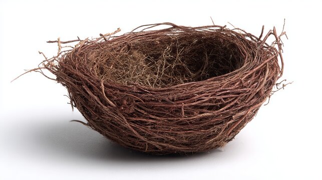 A close-up view of an empty bird's nest made of twigs and branches on a white background
