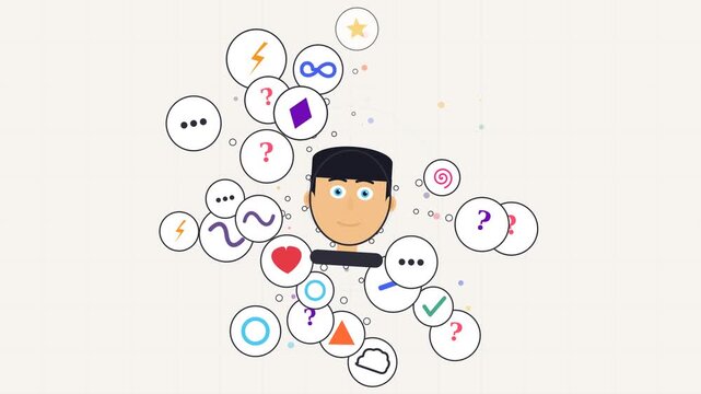 Creative character animation showing a thought explosion with various icons like hearts stars questions and checks representing ideas and imagination.