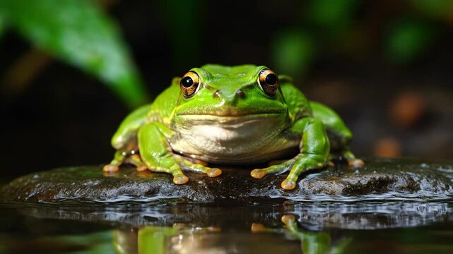 Vibrant green tree frog sitting on rock near water, close up animal amphibian